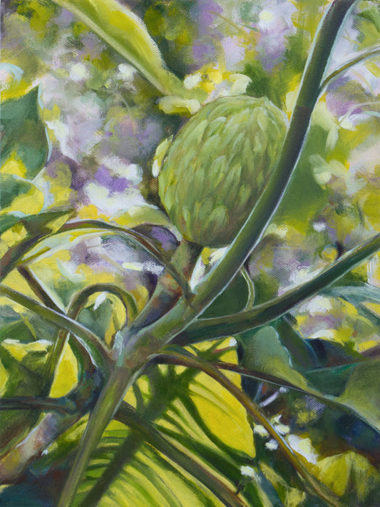 a painting in bright greens and lavender of a bigleaf magnolia tree bud and leaves, with sunlight passing though the branches and leaves.